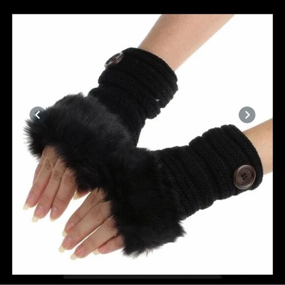 Fingerless,  knitted gloves faux rabbit fur super cute . - Picture 2 of 14